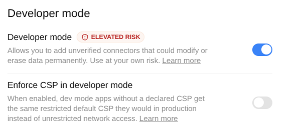 ChatGPT's Developer mode toggle under Settings → Security and login