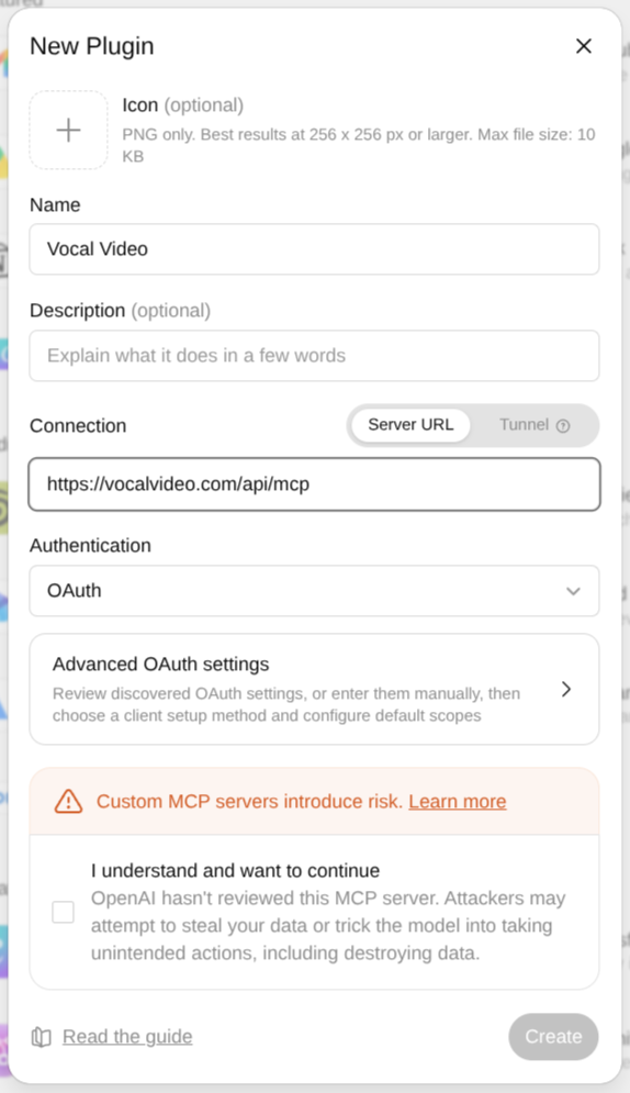 ChatGPT's New Plugin dialog filled in with the name Vocal Video, the MCP server URL, and OAuth authentication