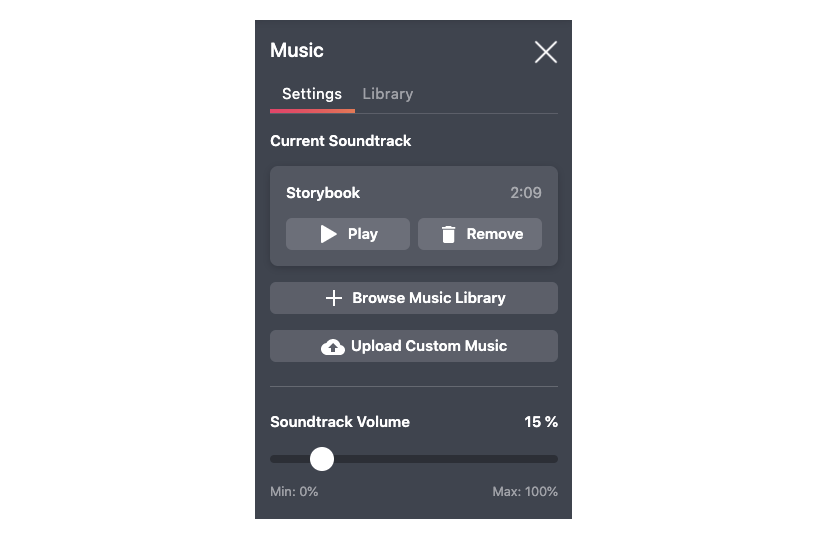 Add custom music to videos or use music from the media library.