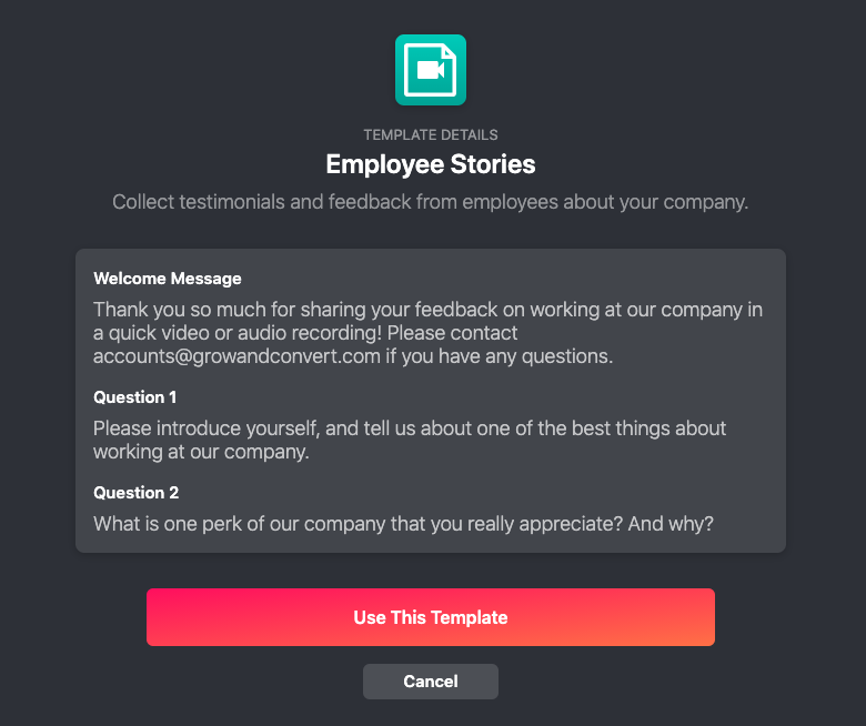 Video testimonial questions: Template Details - Employee Stories with welcome message and 2 questions.