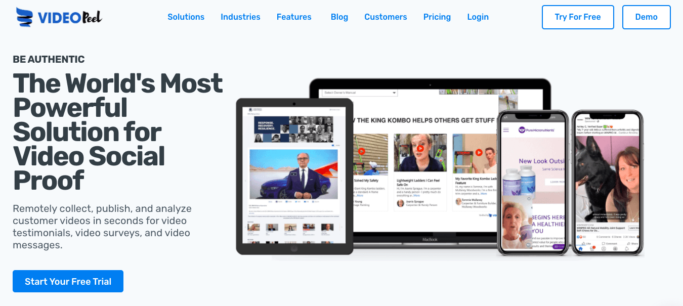 VideoPeel homepage: The World's Most Powerful Solution for Video Social Proof; Remotely collect, publish, and analyze customer videos in seconds for video testimonials, video surveys, and video messages.