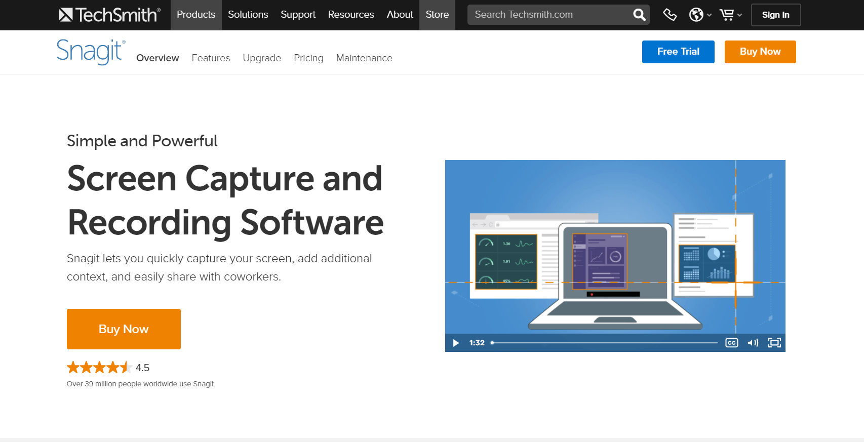 Snagit homepage: Screen capture and recording software; Snagit lets you quickly capture your screen, add additional context, and easily share with coworkers.