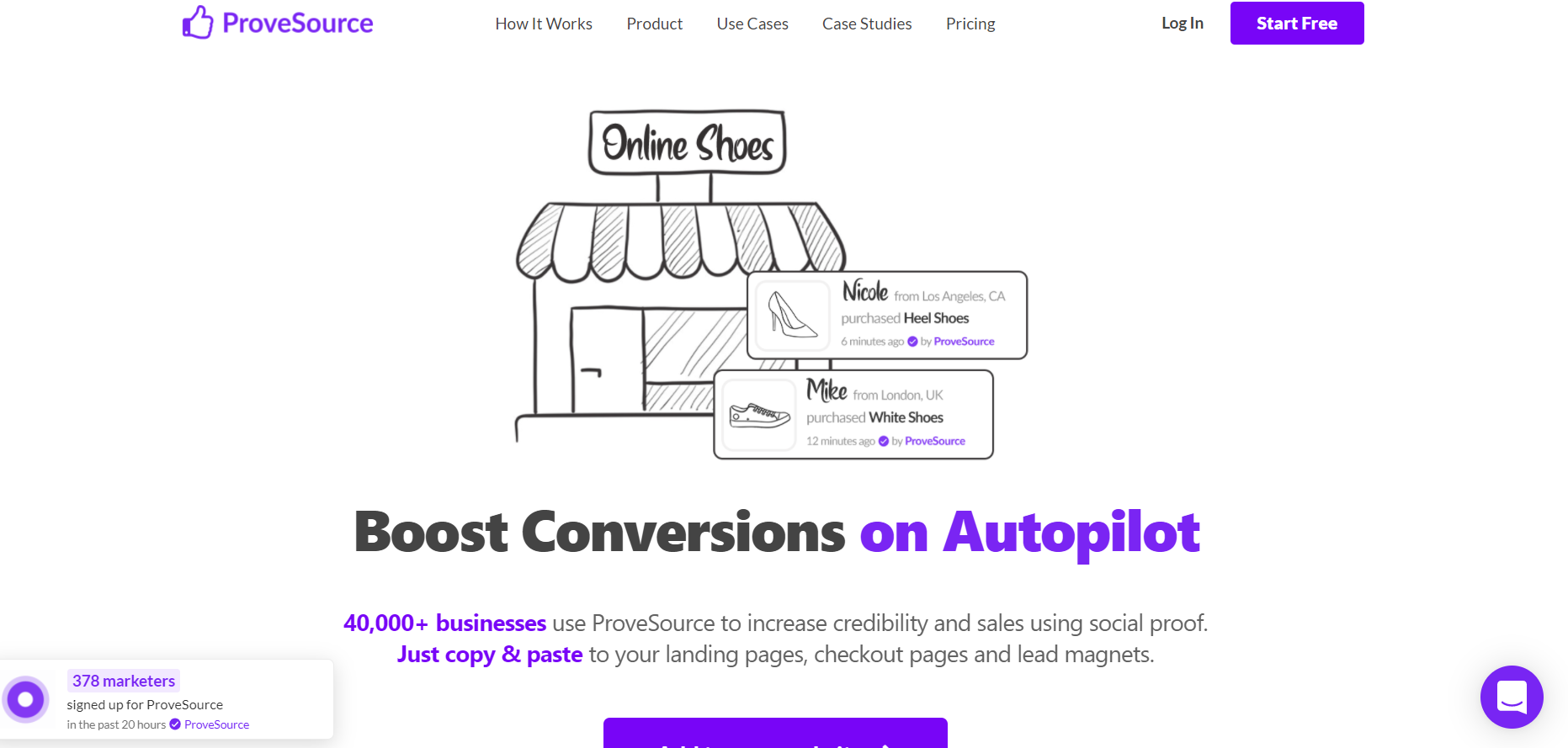 ProveSource homepage: Boost Conversions on Autopilot.
