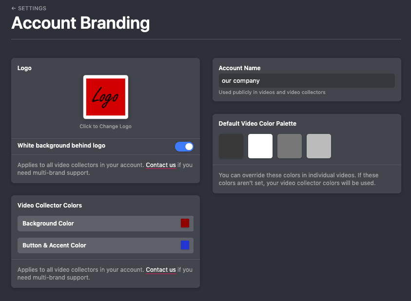 Account Branding within Vocal Video: Set your logo, company name, background color, button & accent color, etc.