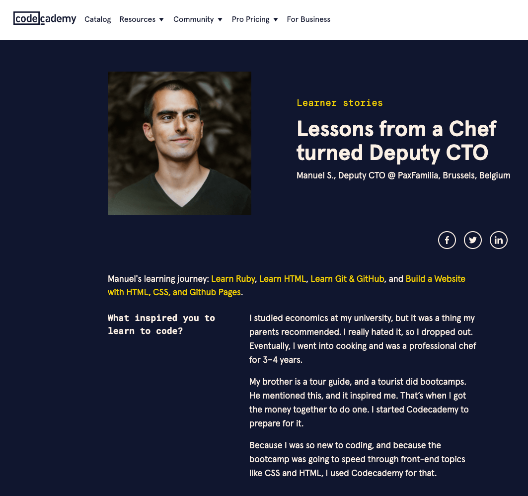 An example of a Codecademy Interview-Based Testimonial