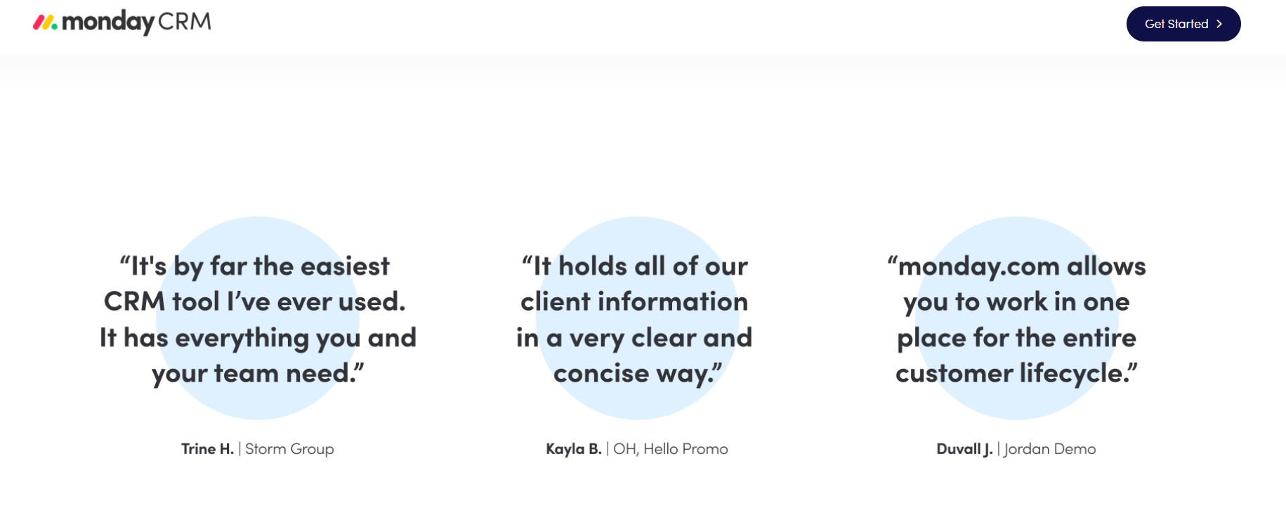 Monday CRM uses short testimonial quotes with a clear and simple design.