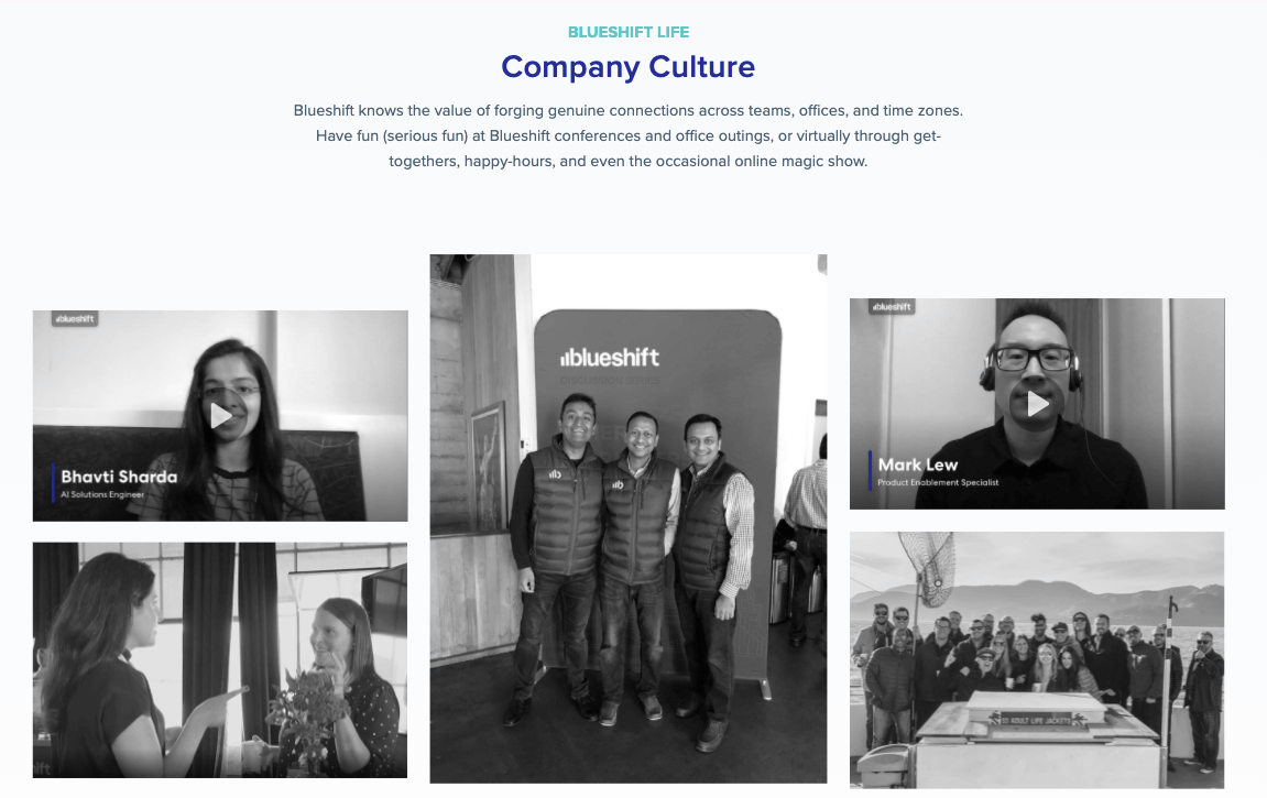 Blueshift Company Culture Testimonial Videos page