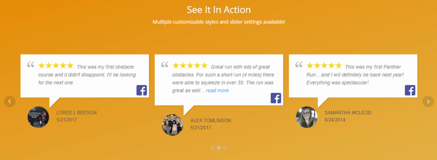 Social Testimonial Slider: See It In Action - Multiple customizable styles and slider settings available.