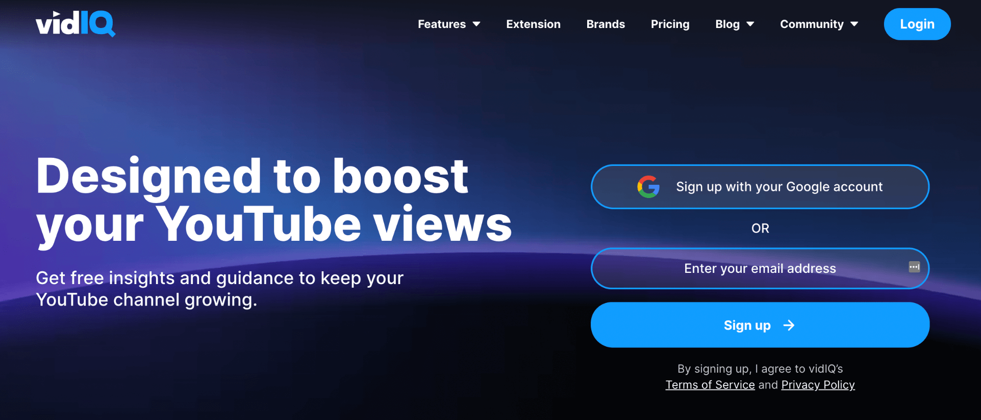 vidIQ homepage: Designed to boost your YouTube views