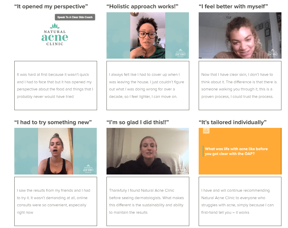 Natural Acne Clinic Video Testimonials page