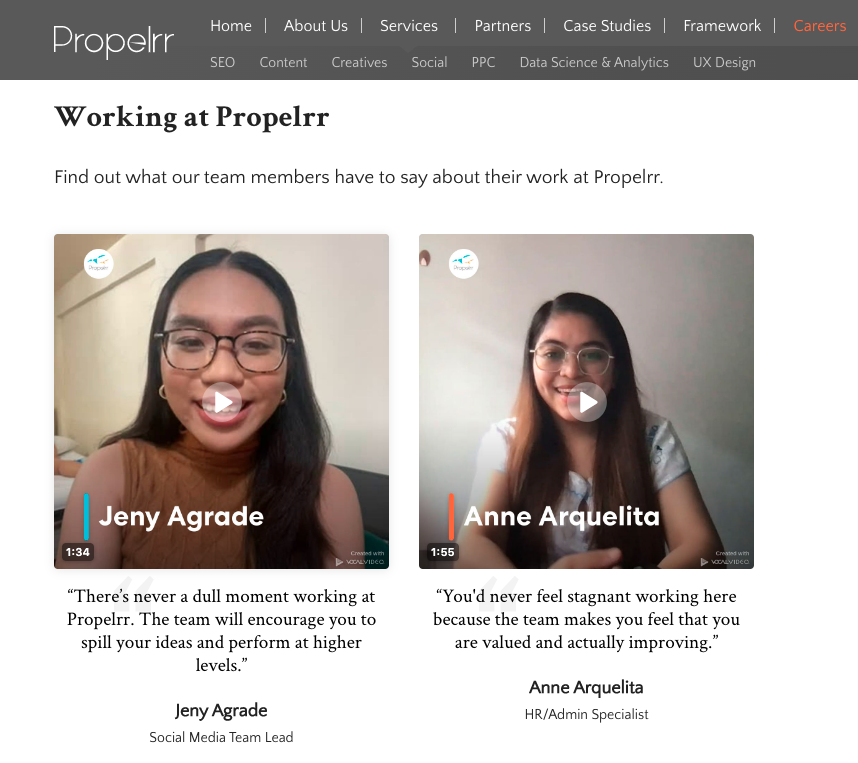 Working at Propelrr: Find out what our team members have to say about their work at Propelrr (with Video Testimonials from Vocal Video).