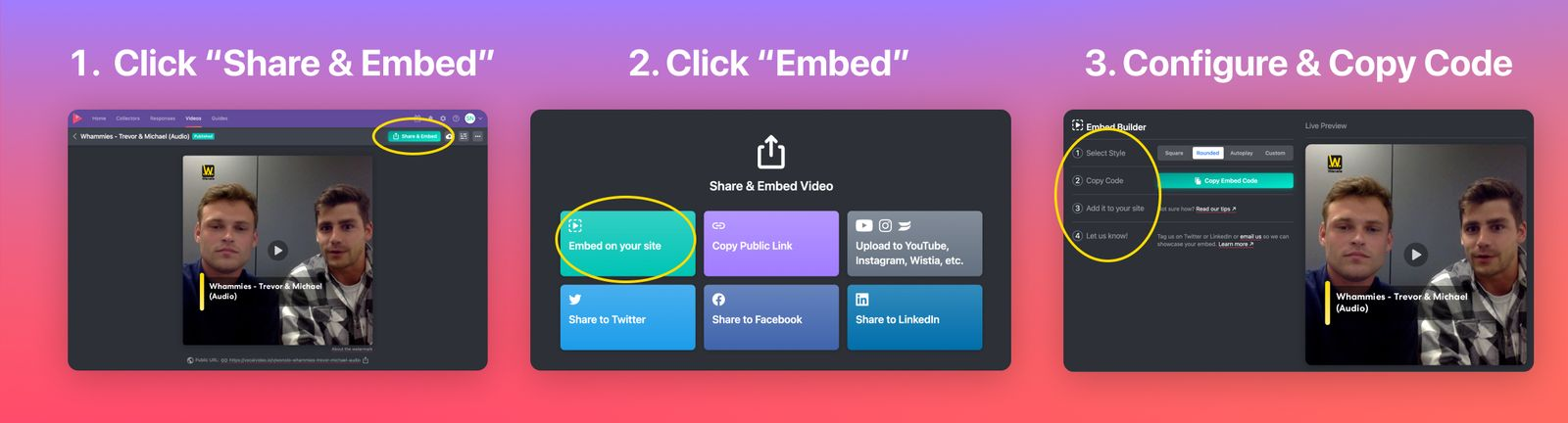 Click "Share & Embed", Click "Embed", Configure & Copy Code