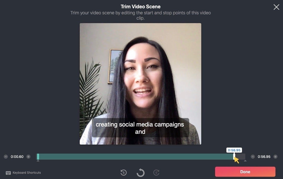 Trim Video Scene: Trim your video scene by editing the start and stop points within the Vocal Video platform.