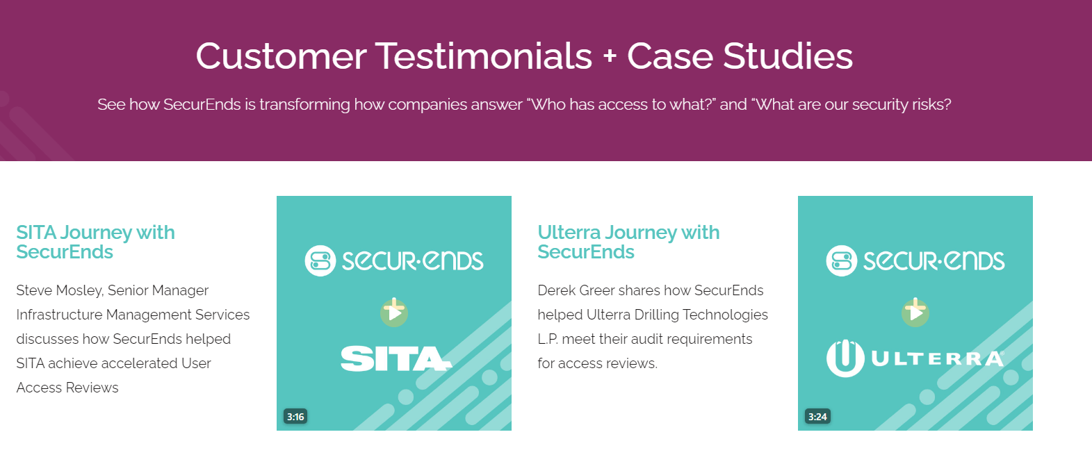 Customer testimonials and case studies page for Securends.