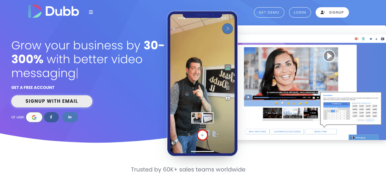 Dubb homepage: Grow your business by 30-300% with better video messaging