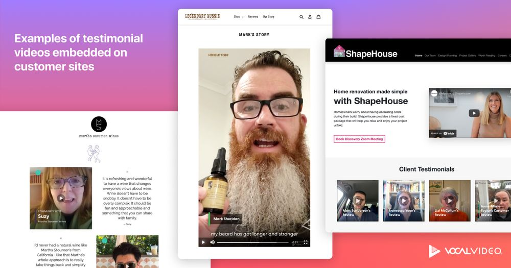 Examples of testimonial videos embedded on customer sites