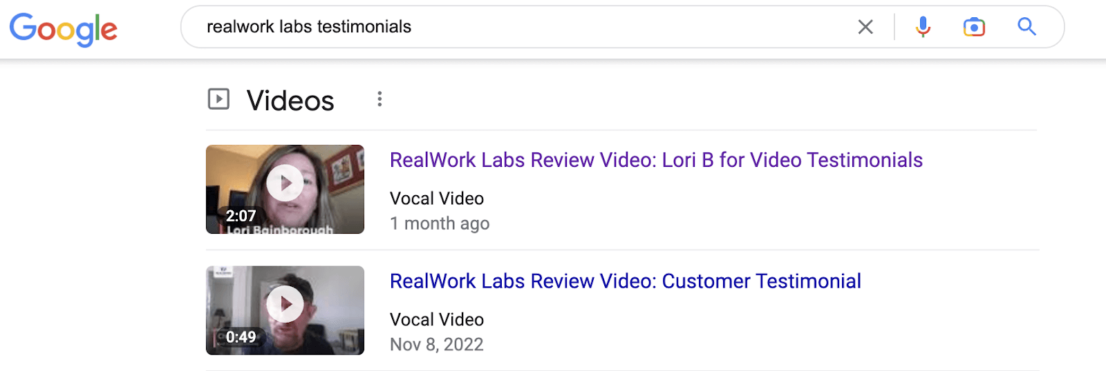 Realwork Labs testimonial SERP.