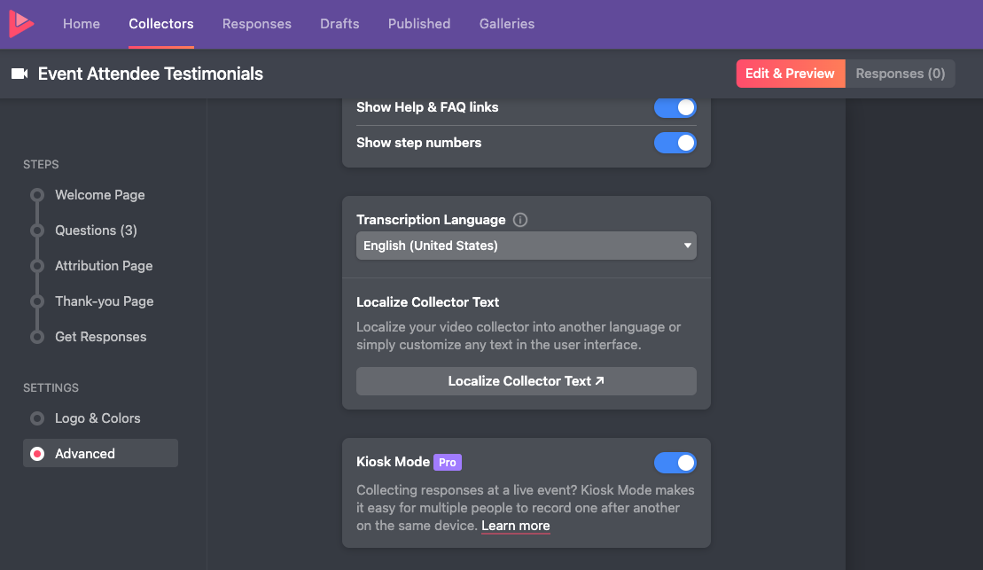 Turning on Kiosk Mode within Vocal Video's Advanced Settings