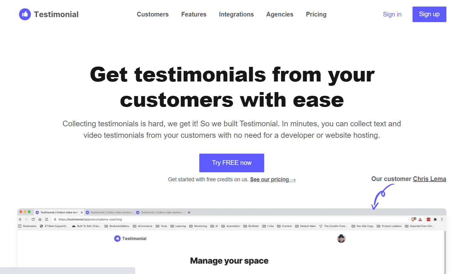 Testimonial.io homepage: Get testimonials from your customers with ease