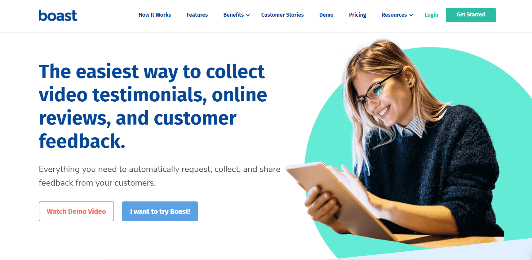 Boast.io homepage: The easiest way to collect video testimonials, online reviews, and customer feedback. 