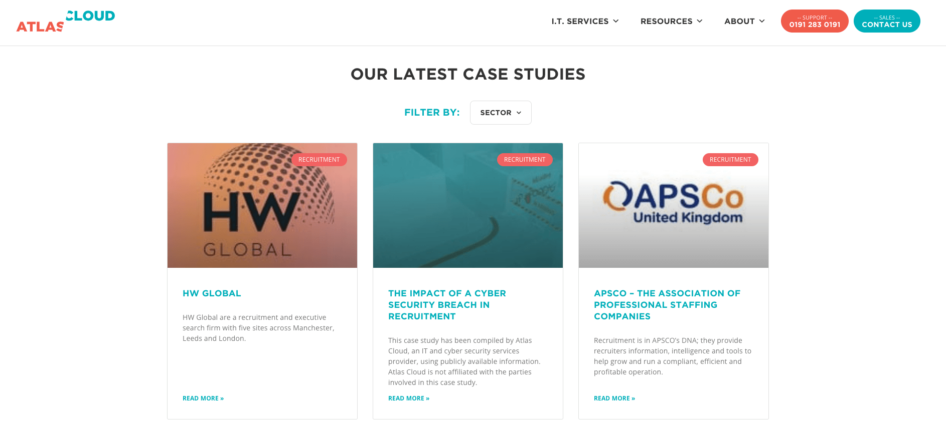 "Our latest case studies" webpage. 