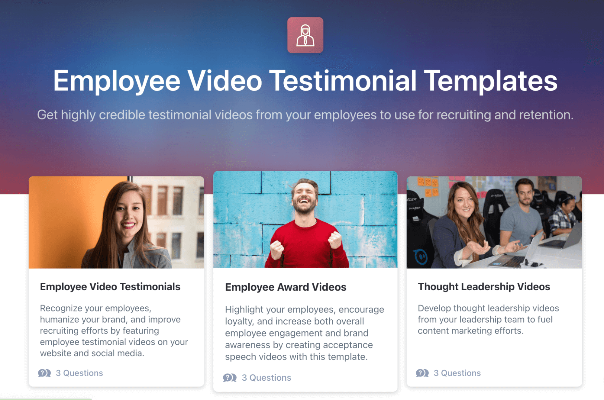 Vocal Video employee video testimonial templates page. 