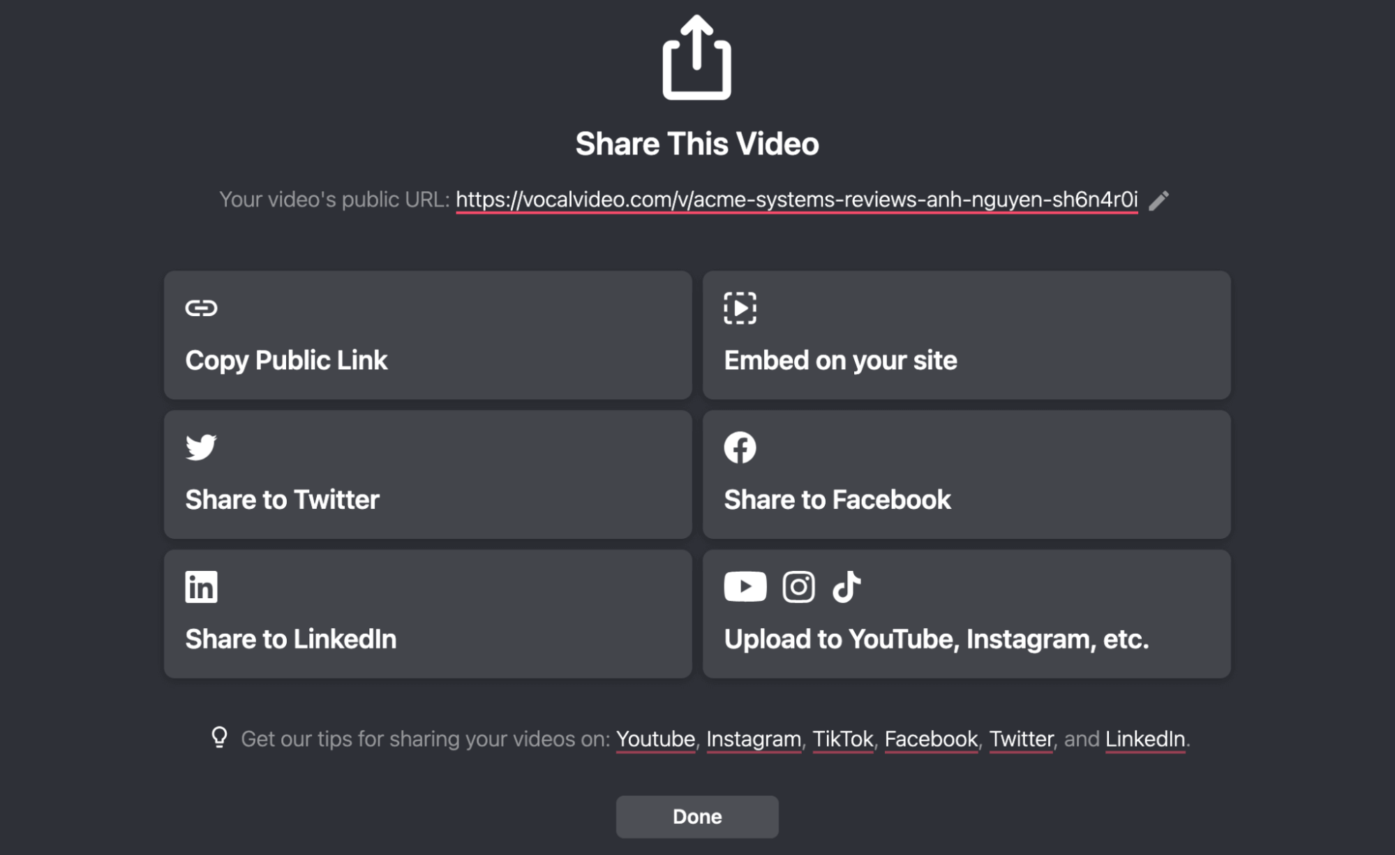 Options for sharing your Vocal Video. 