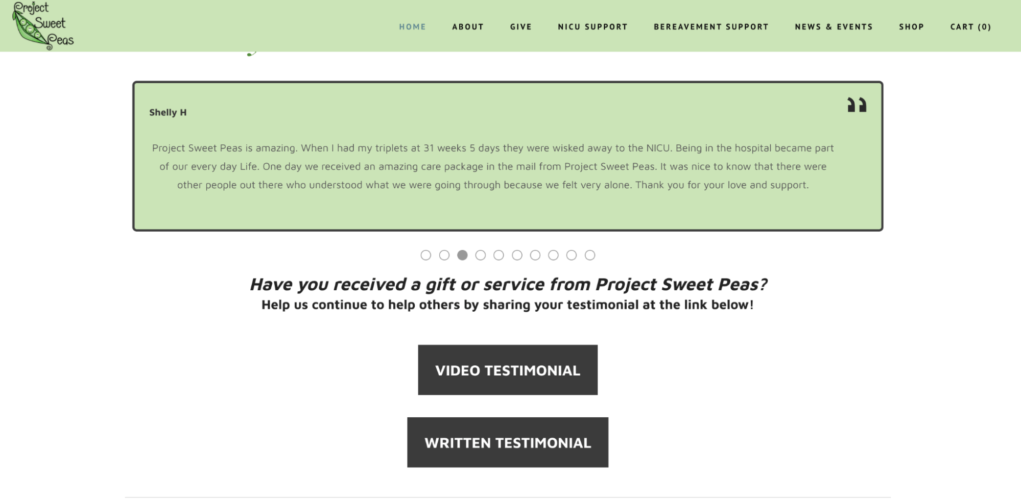 Project Sweet Peas testimonial page. 