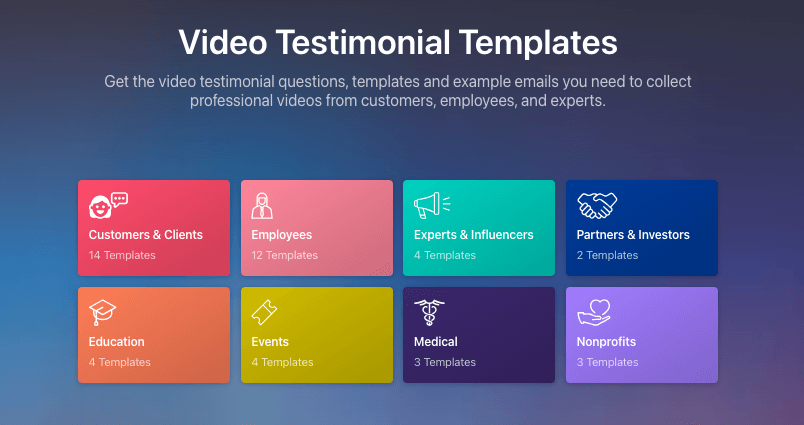 Video Testimonial Templates page. 