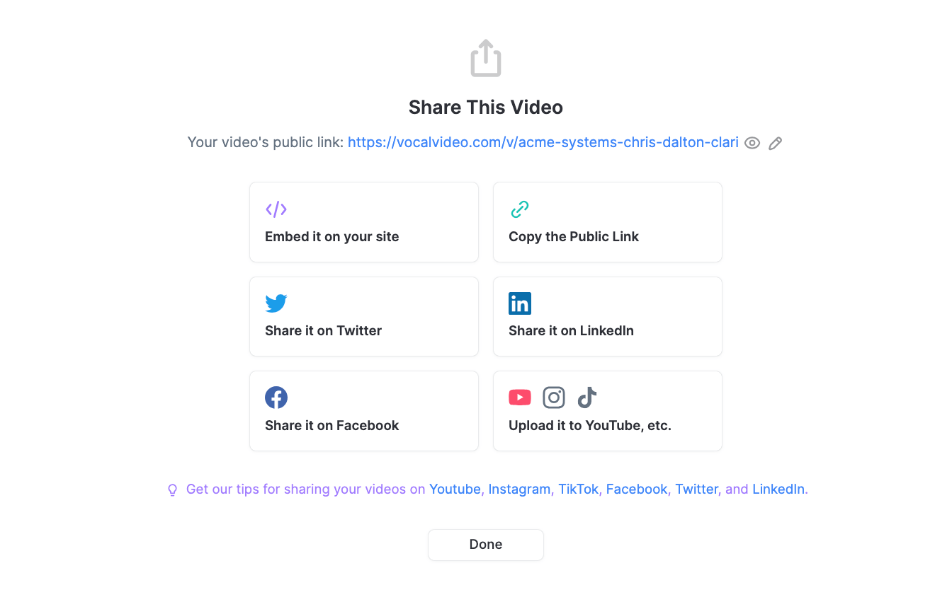 Your options for how to share the videos. 