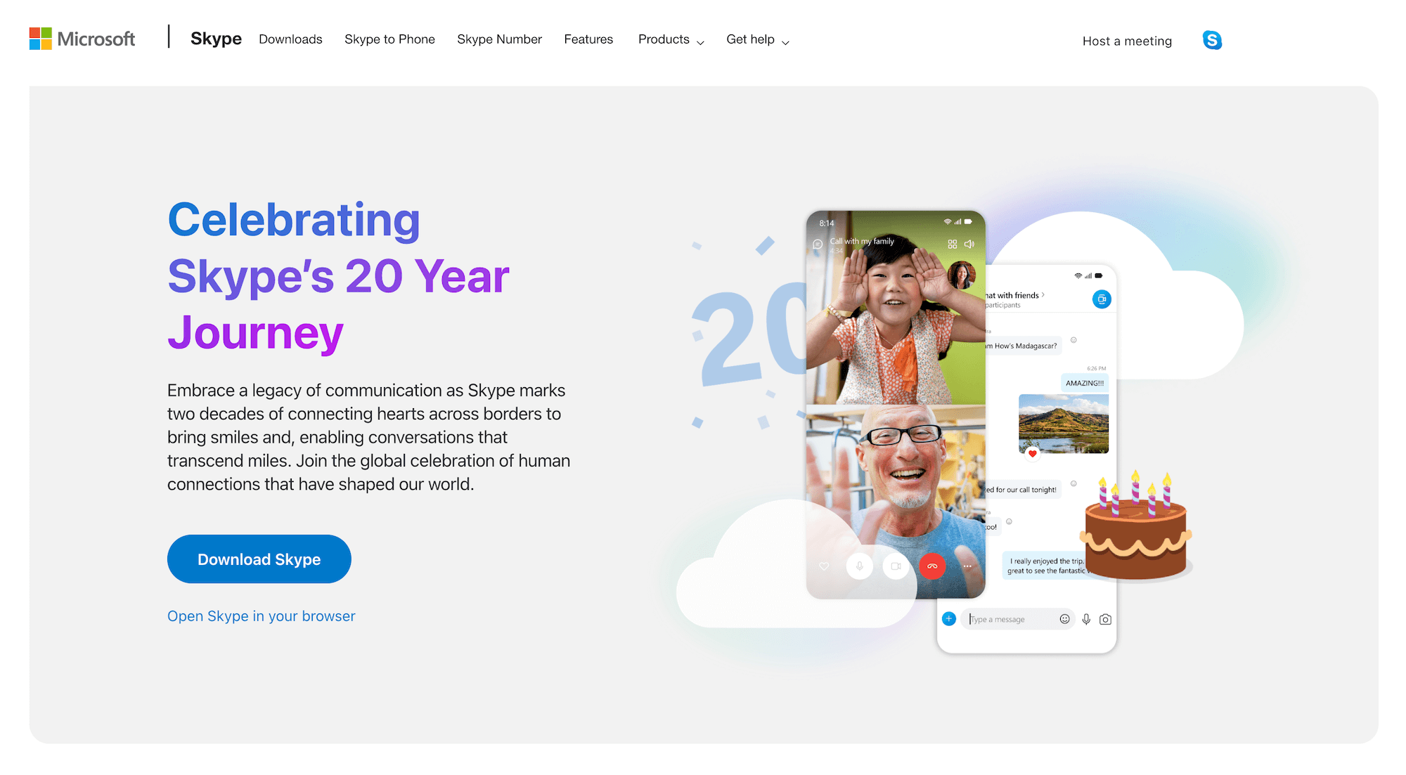 Skype homepage: Celebrating Skype's 20 Year Journey