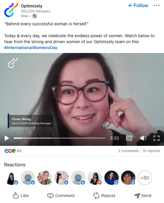 An example of a post that Optimizely made on LinkedIn with an employee testimonial video using Vocal Video.