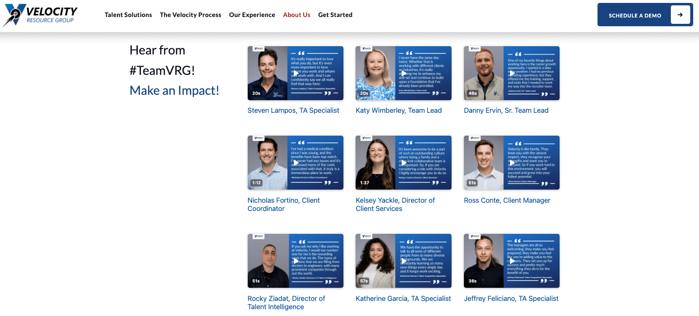Velocity Resource Group: About Us video landing page example