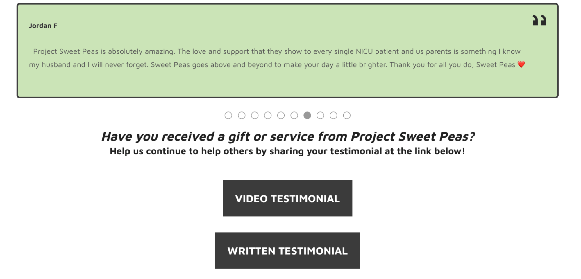Project Sweet Peas written testimonial. 