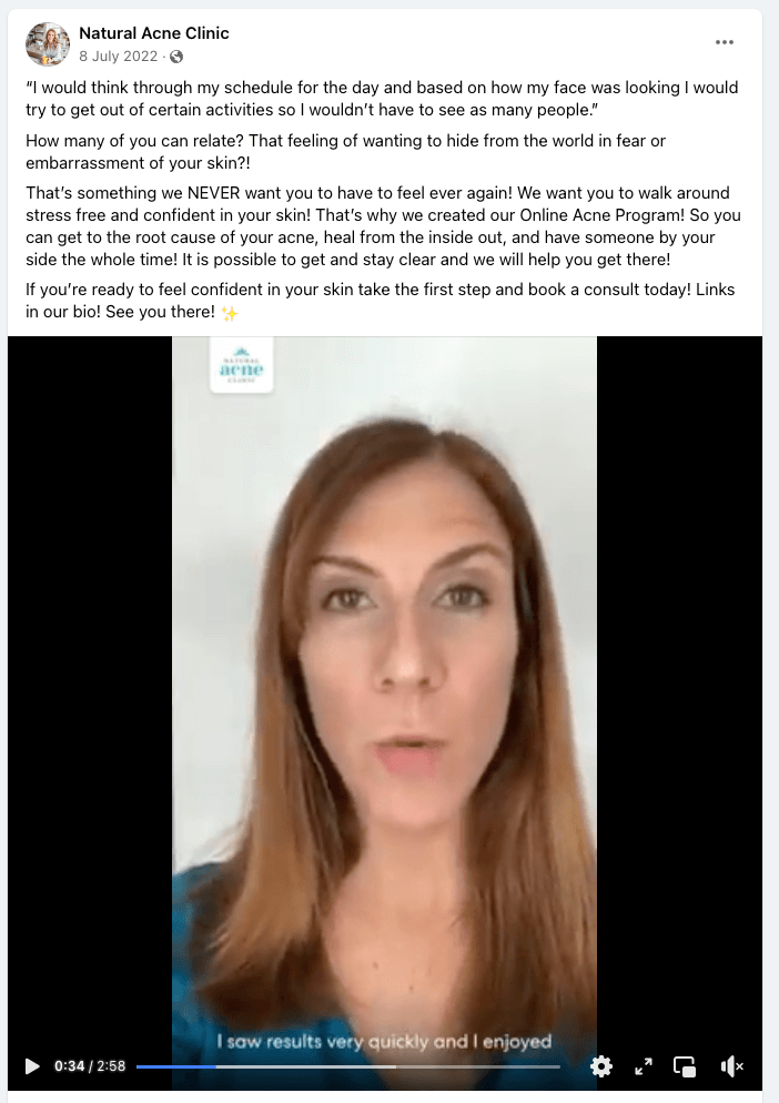 Natural Acne Clinic Video testimonial on Facebook