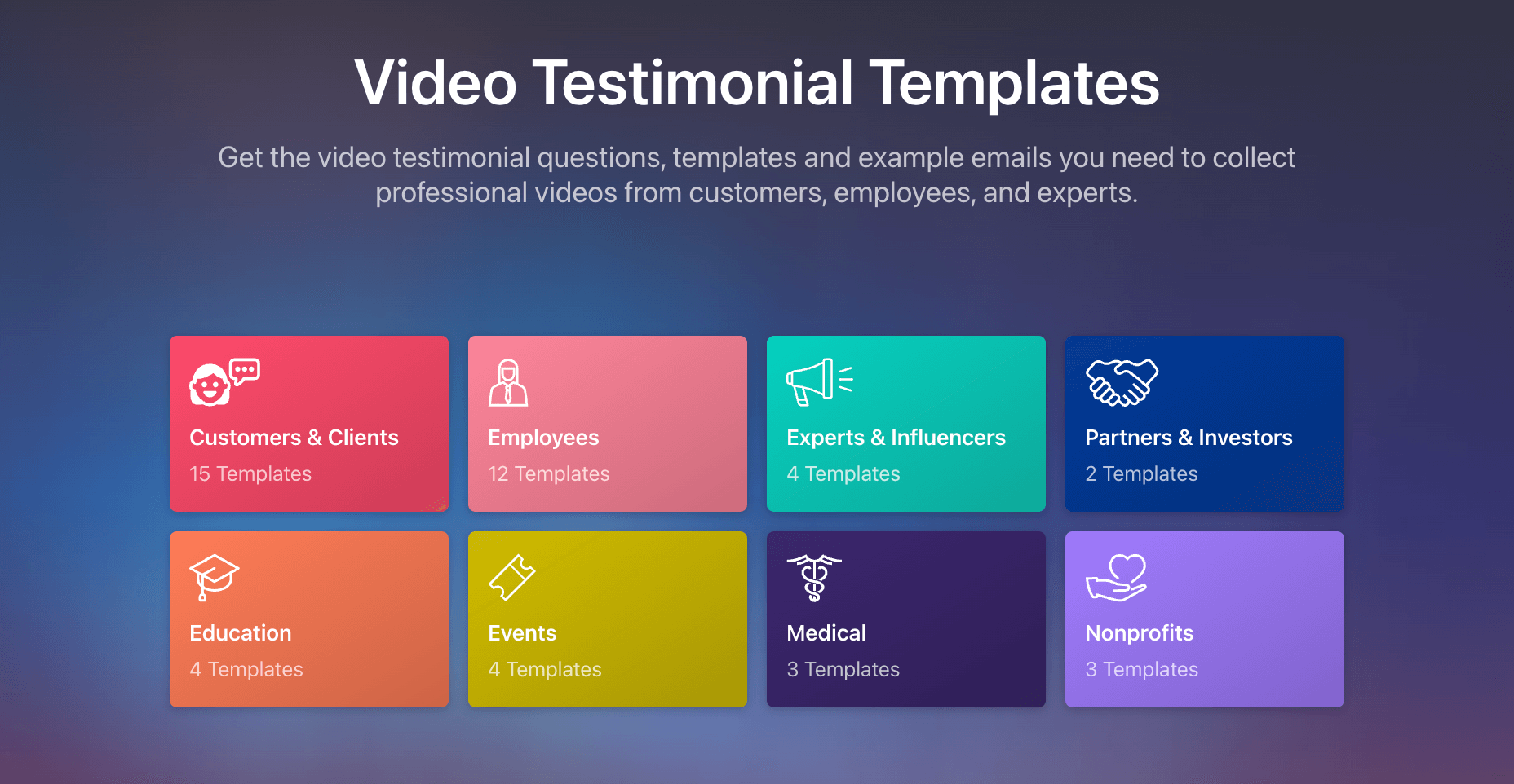 Video testimonial templates page. 