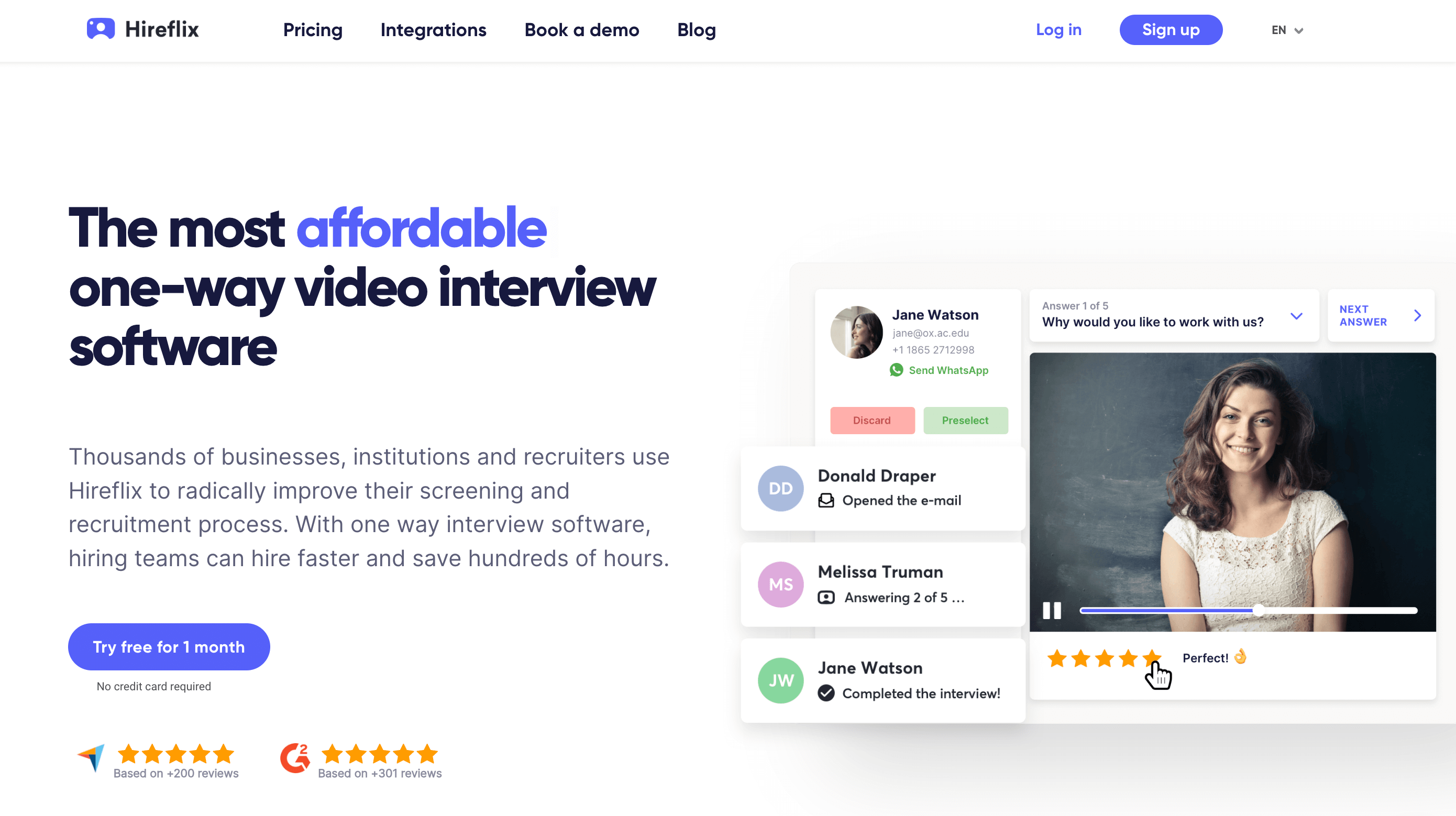 Hireflix homepage: The most affordable one-way video interview software