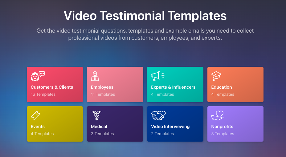 Video Testimonial Templates: Get the video testimonial questions, templates, and example emails you need to collect professional videos from customers, employees, and experts.