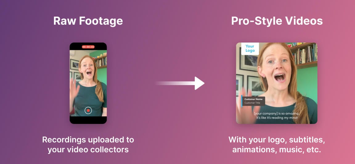 Illustration showing how Vocal Video automatically delivers finished videos by auto-applying branding, captions, lower-thirds, and soundtrack.