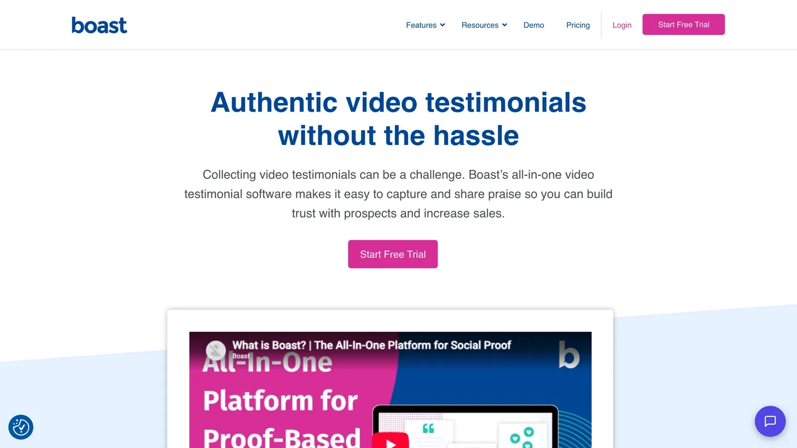 Boast homepage headed "Authentic video testimonials without the hassle," with a subhead describing its all-in-one video testimonial software and a pink "Start Free Trial" button.