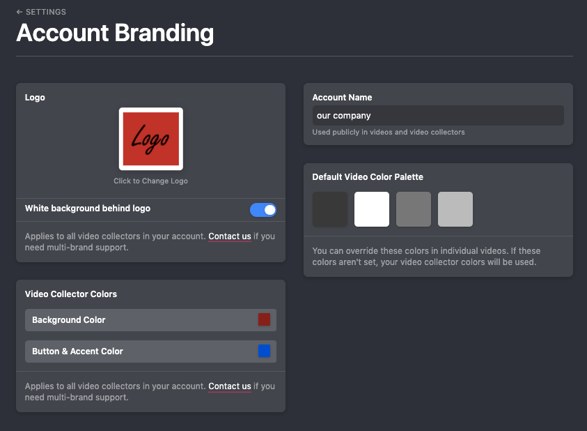 Account Branding in Vocal Video: Customize the logo, Account name, Video collector colors, and more.