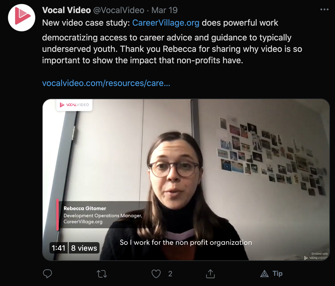 New video case study: CareerVillage.org does powerful work democratizing access to career advice and guidance to typically underserved youth. Thank you Rebecca for sharing why video is so important to show the impact that non-profits have."