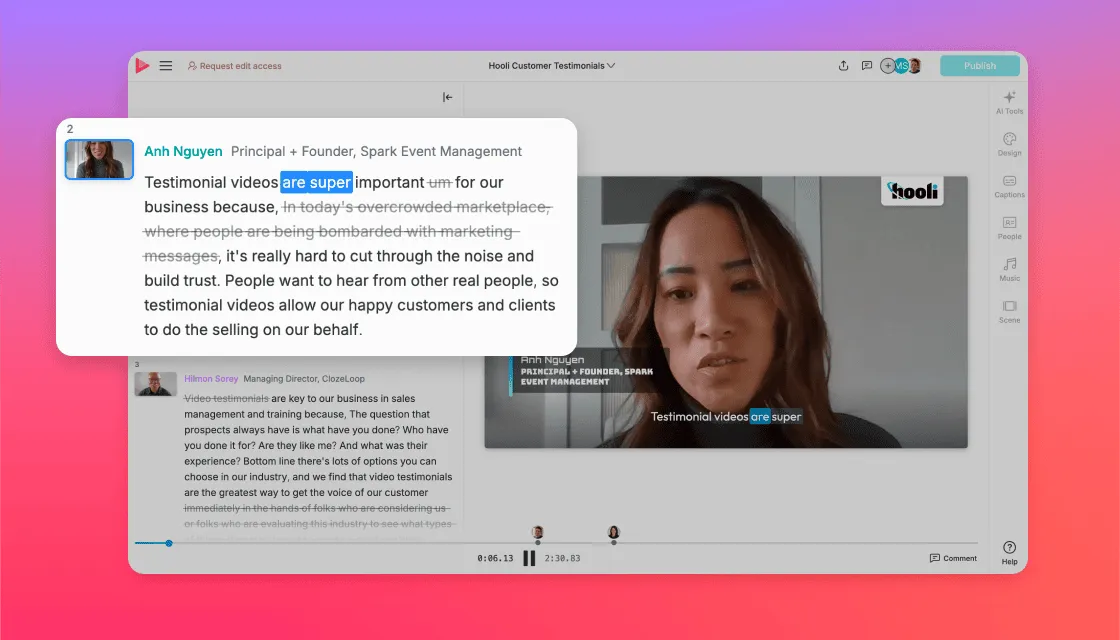 The Vocal Video editor, transcript on the left beside the video preview.