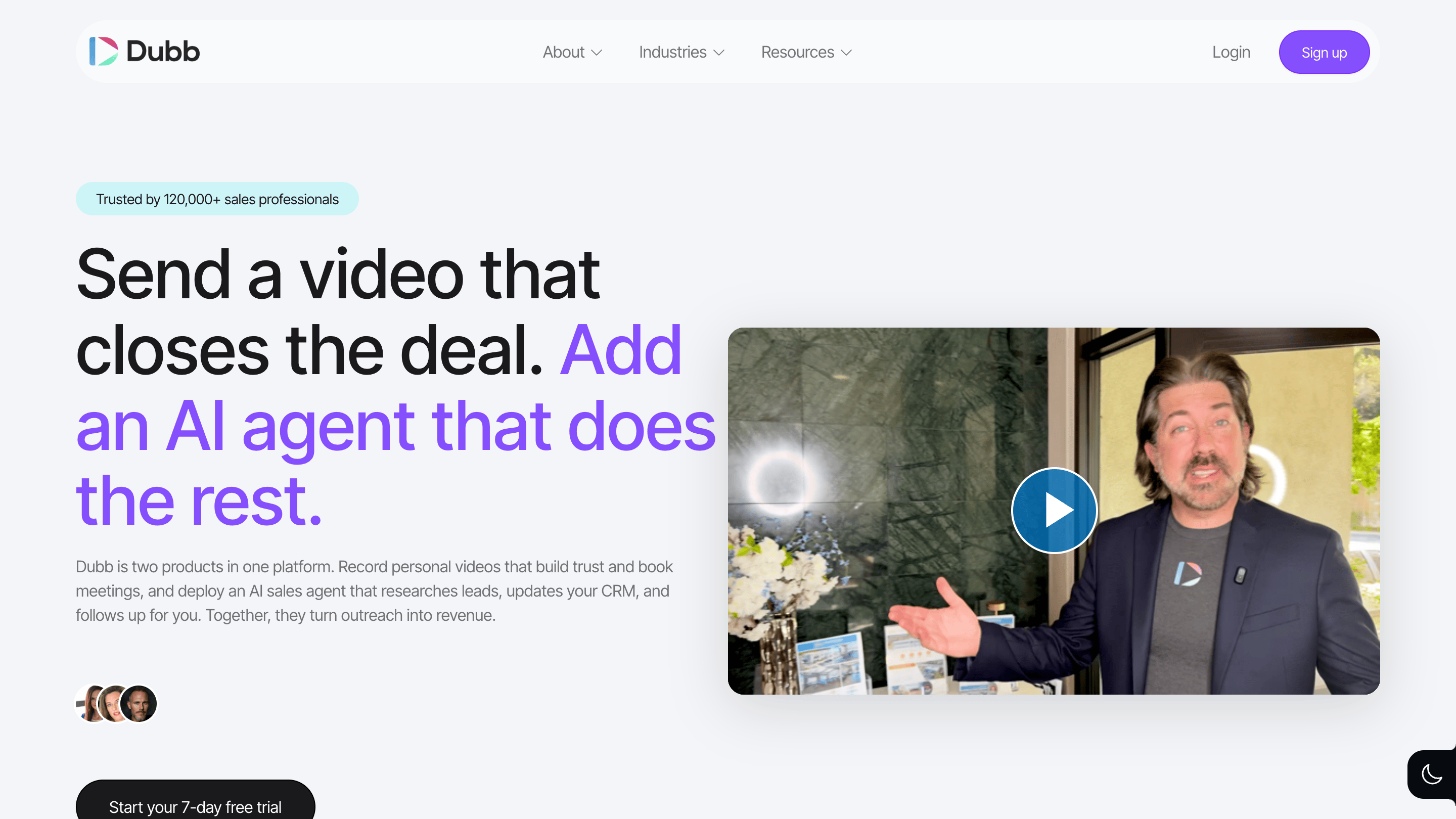 The Dubb homepage, headlined "Send a video that closes the deal."