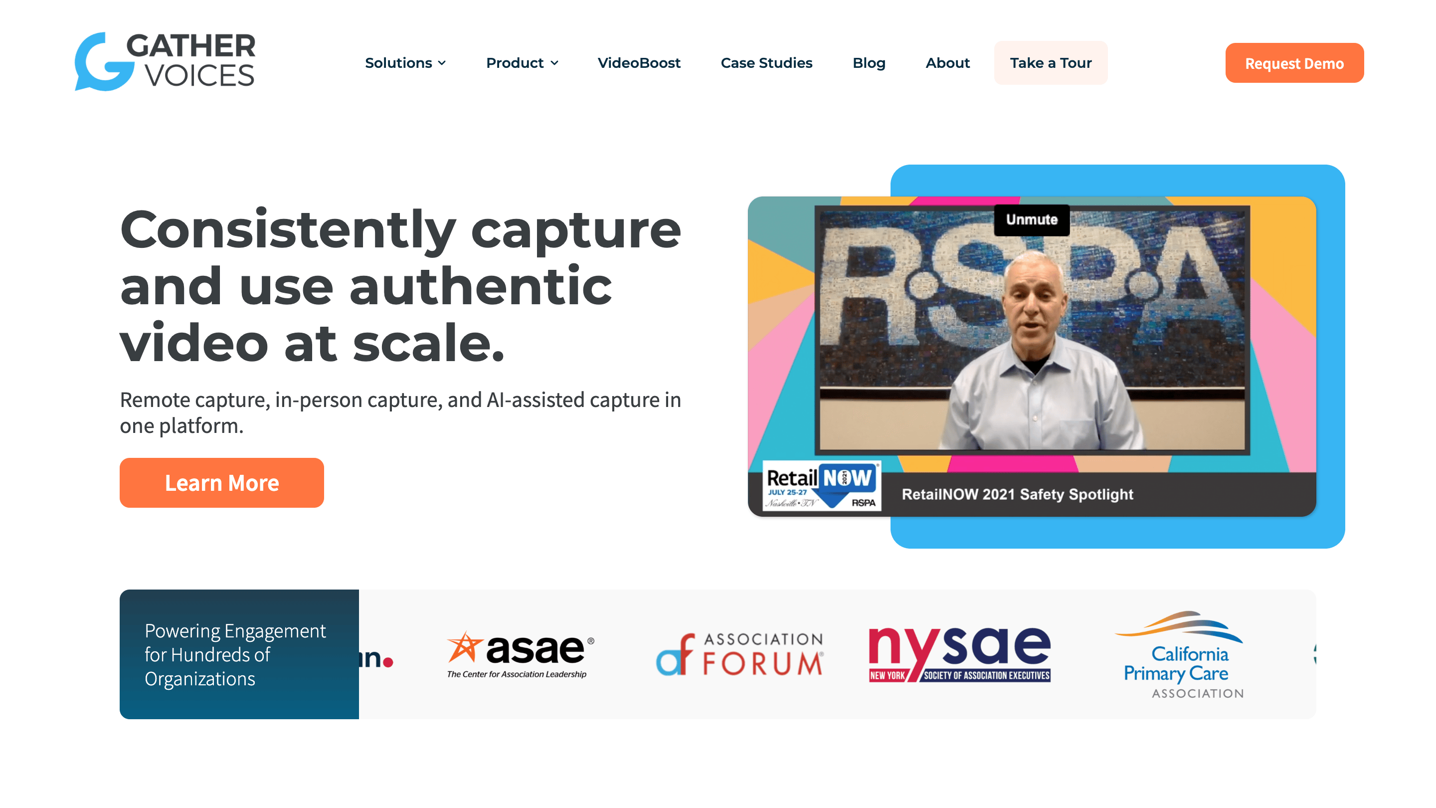 The Gather Voices homepage, headlined "Consistently capture and use authentic video at scale," above association customer logos.