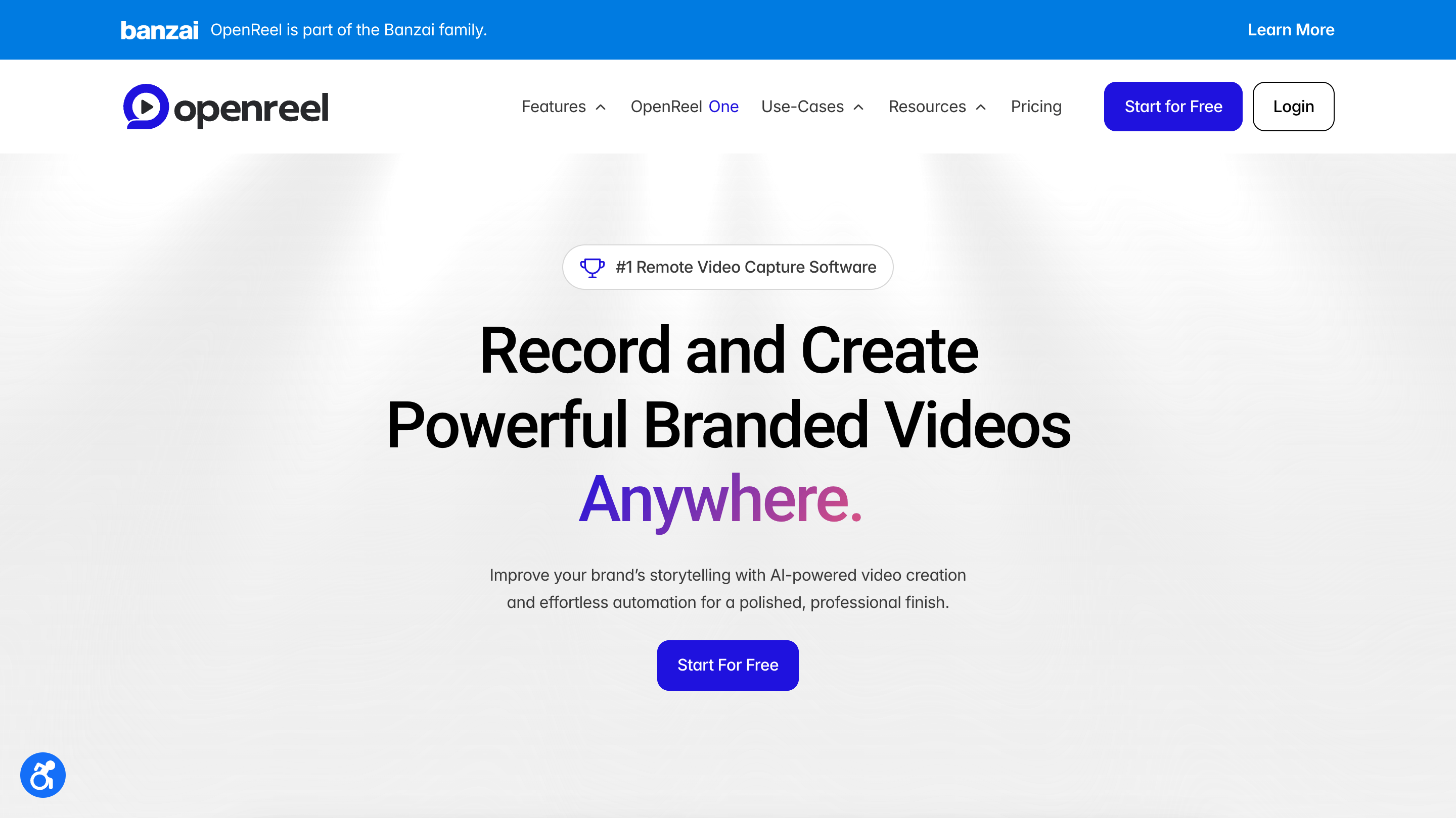 The OpenReel homepage, headlined "Record, brand, host, and share videos in minutes."