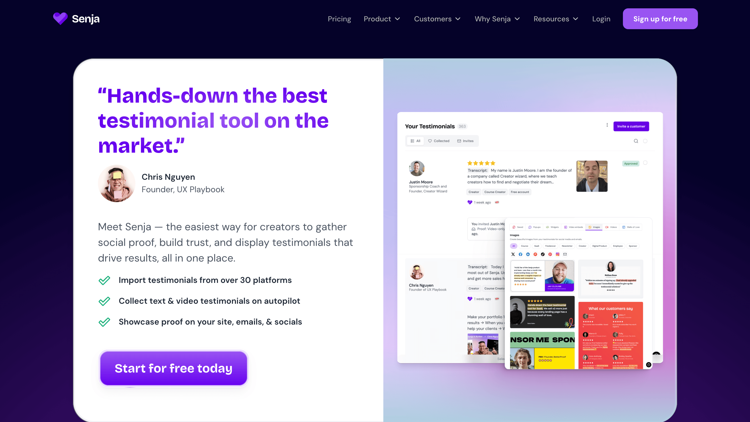 The Senja homepage, led by a pull quote calling it "the best testimonial tool on the market," over the tagline "the easiest way for creators to gather social proof."