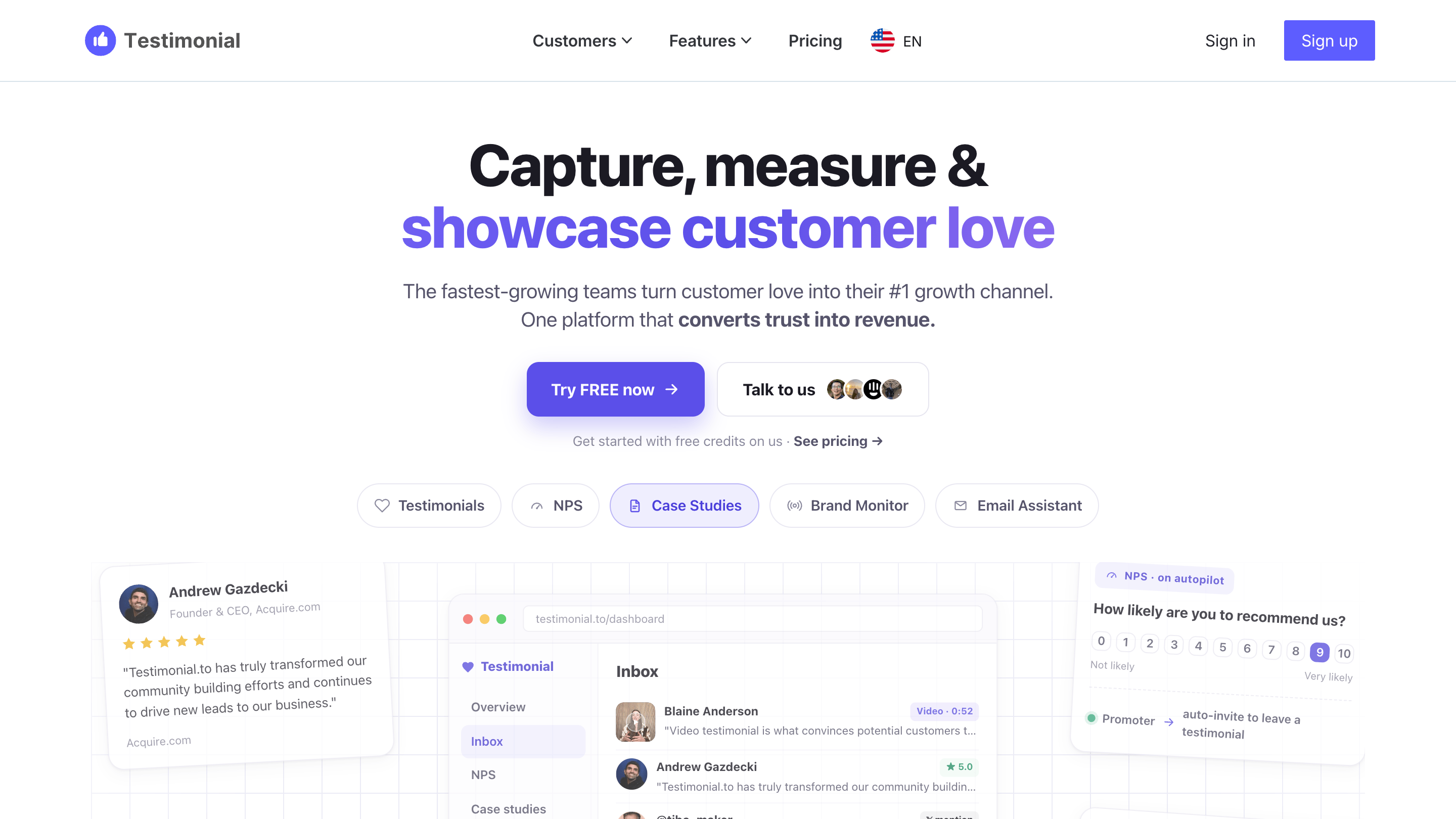 The Testimonial.to homepage, headlined "Capture, measure & showcase customer love," with tabs for Testimonials, NPS, Case Studies, Brand Monitor and Email Assistant.