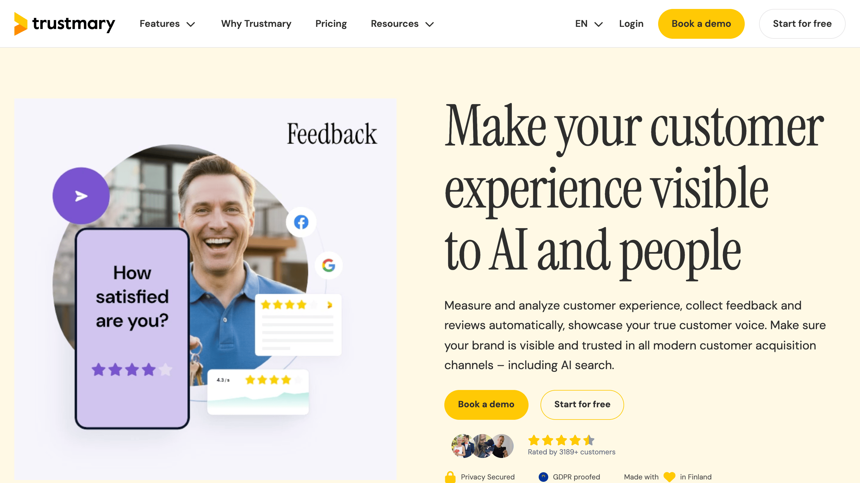 The Trustmary homepage, headlined "Make your customer experience visible to AI and people."
