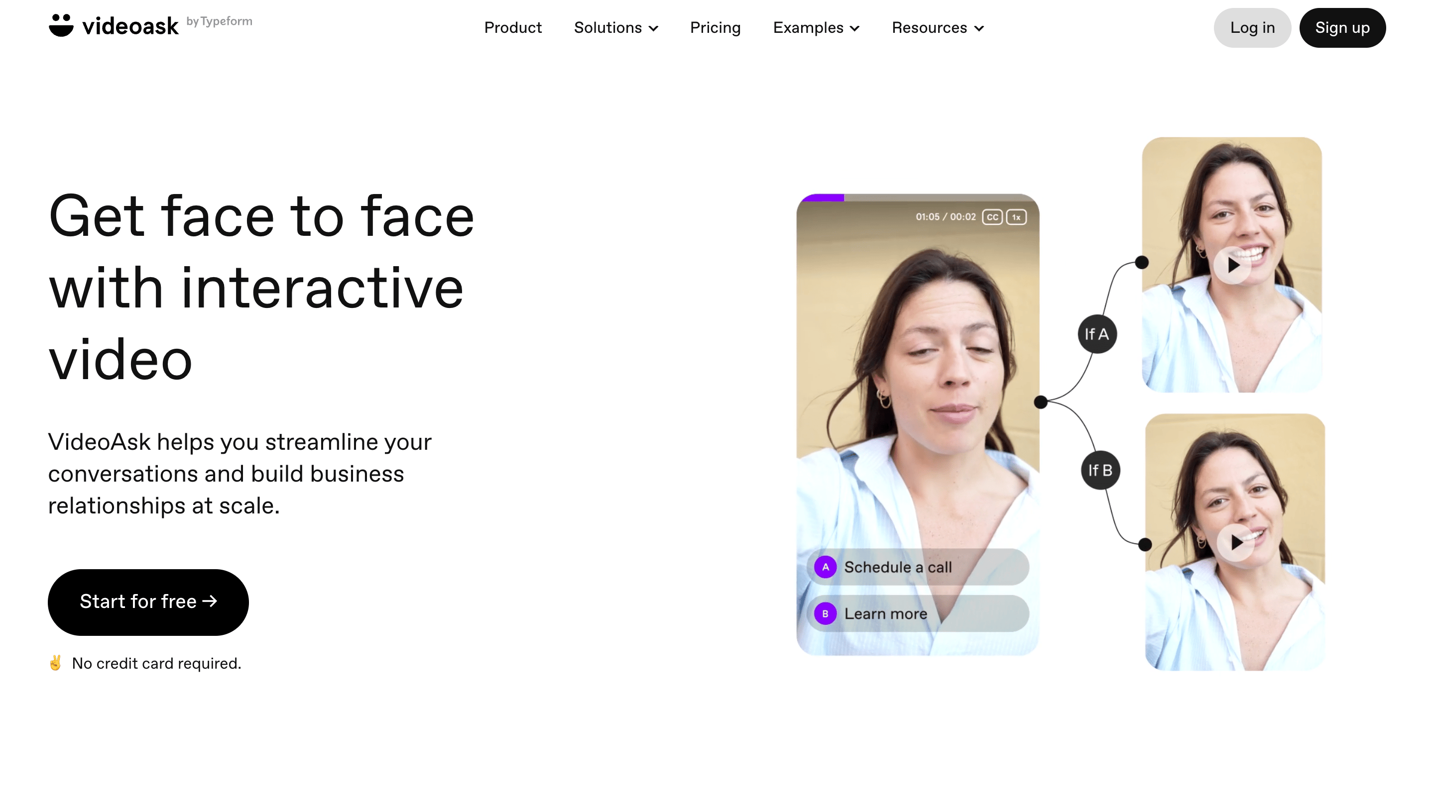 The VideoAsk homepage, showing an interactive video branching to "Schedule a call" or "Learn more."